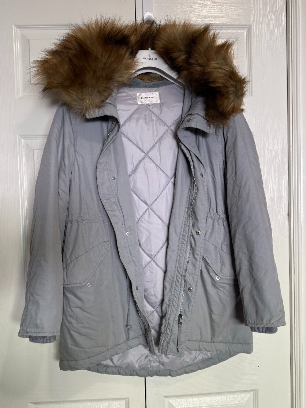 MOUSSY Japanese Brand Grey Quilted Utility Anorak Coat Removable Fur Hood